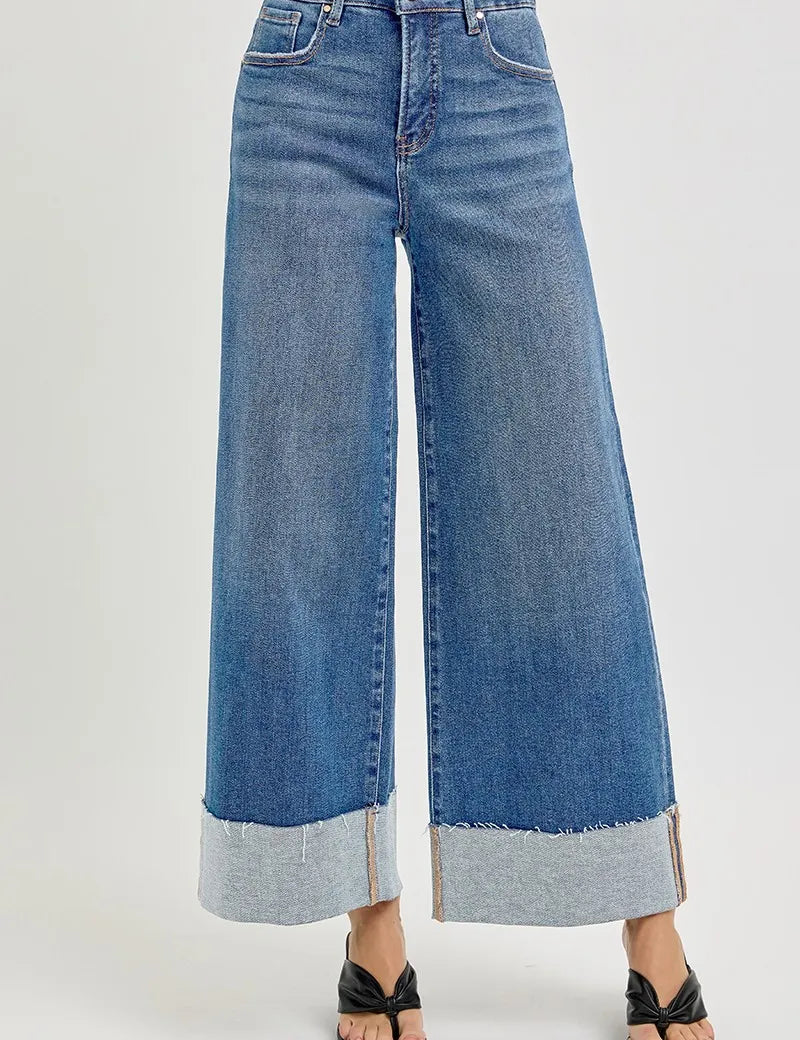 RISEN Full Size Tummy Control High Rise Crop Wide Cuffed Jeans Plus Size | Daverri Fashions