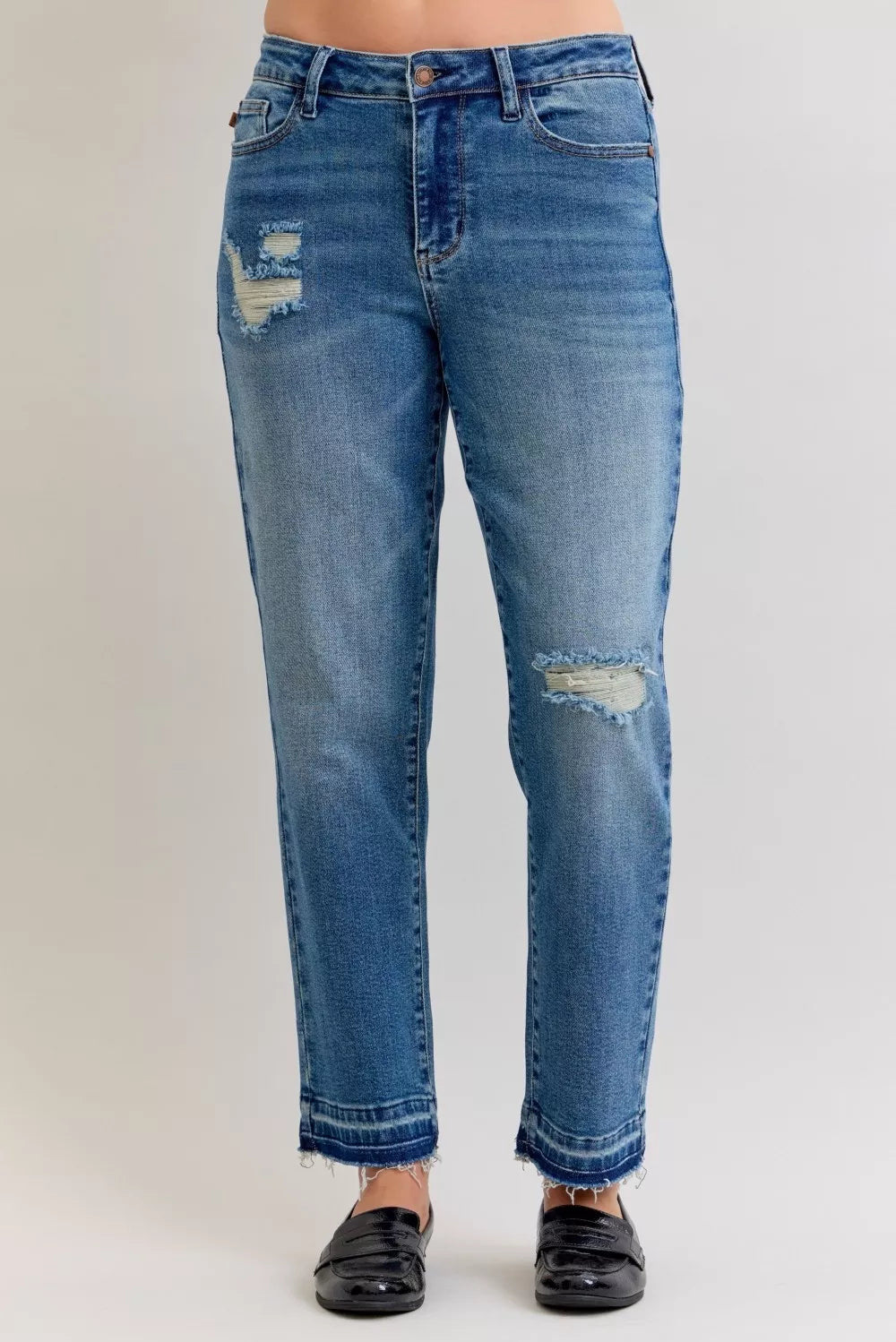 Judy Blue Full Size Mid Rise Bf Patch & Repair Destroy Release Hem Jeans Plus Size | Jeans Daverri Fashions