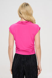 Hot Pink Mock neck Short Sleeve Ruched Crop Top | Blouses Daverri Fashions