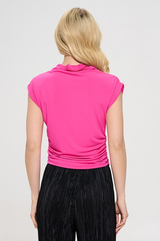 Hot Pink Mock neck Short Sleeve Ruched Crop Top Blouses