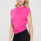Hot Pink Mock neck Short Sleeve Ruched Crop Top Blouses