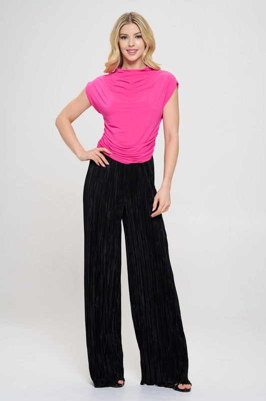 Hot Pink Mock neck Short Sleeve Ruched Crop Top Blouses