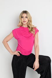 Hot Pink Mock neck Short Sleeve Ruched Crop Top | Blouses Daverri Fashions