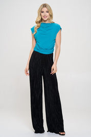 Teal Mock neck Short Sleeve Ruched Crop Top | Blouses Daverri Fashions