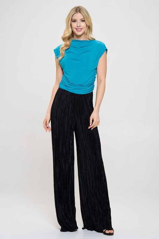 Teal Mock neck Short Sleeve Ruched Crop Top | Blouses Daverri Fashions