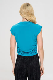 Teal Mock neck Short Sleeve Ruched Crop Top | Blouses Daverri Fashions