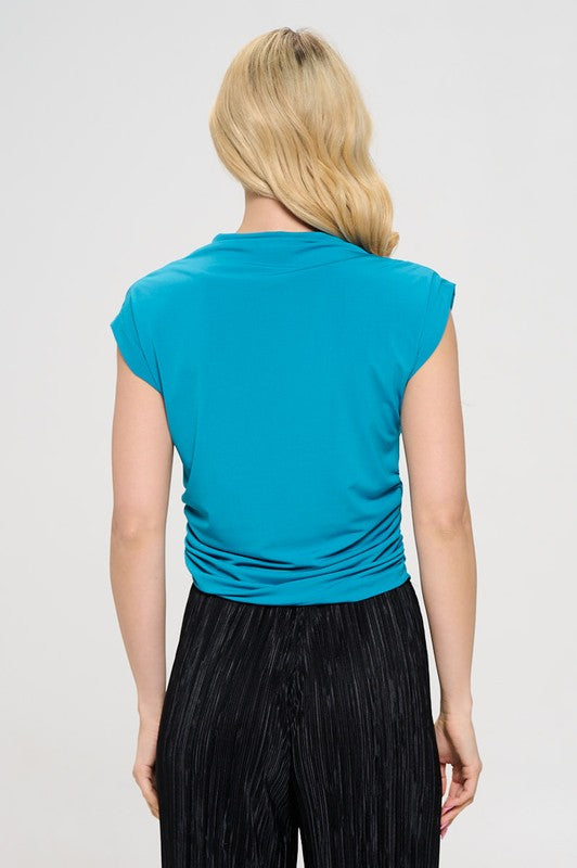 Teal Mock neck Short Sleeve Ruched Crop Top | Blouses Daverri Fashions