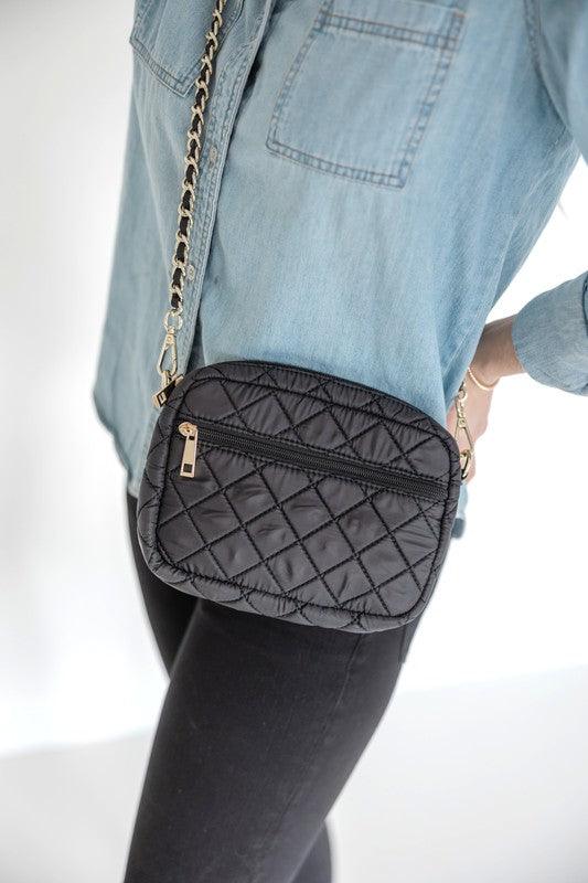 Emma Quilted Crossbody Bag with Gold Chain Strap Matte Black OS