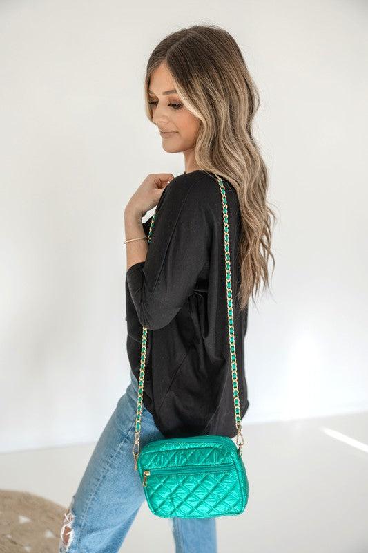 Emma Quilted Crossbody Bag with Gold Chain Strap Green Metallic OS