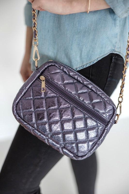 Emma Quilted Crossbody Bag with Gold Chain Strap Purple Metallic OS