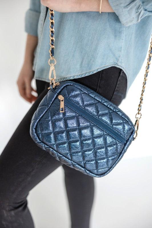 Emma Quilted Crossbody Bag with Gold Chain Strap Navy Metallic OS