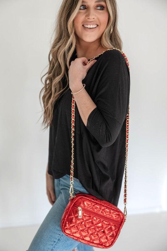 Emma Quilted Crossbody Bag with Gold Chain Strap Red Metallic OS