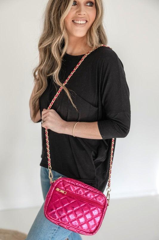 Emma Quilted Crossbody Bag with Gold Chain Strap Hot pink Metallic OS