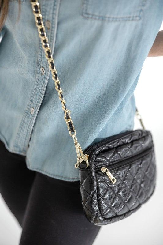 Emma Quilted Crossbody Bag with Gold Chain Strap Black Metallic OS