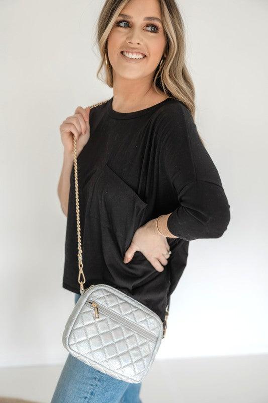 Emma Quilted Crossbody Bag with Gold Chain Strap Silver Metallic OS