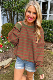 Orange Stripe Trimmed Round Neck Drop Shoulder Loose Sweater | Sweaters Daverri Fashions
