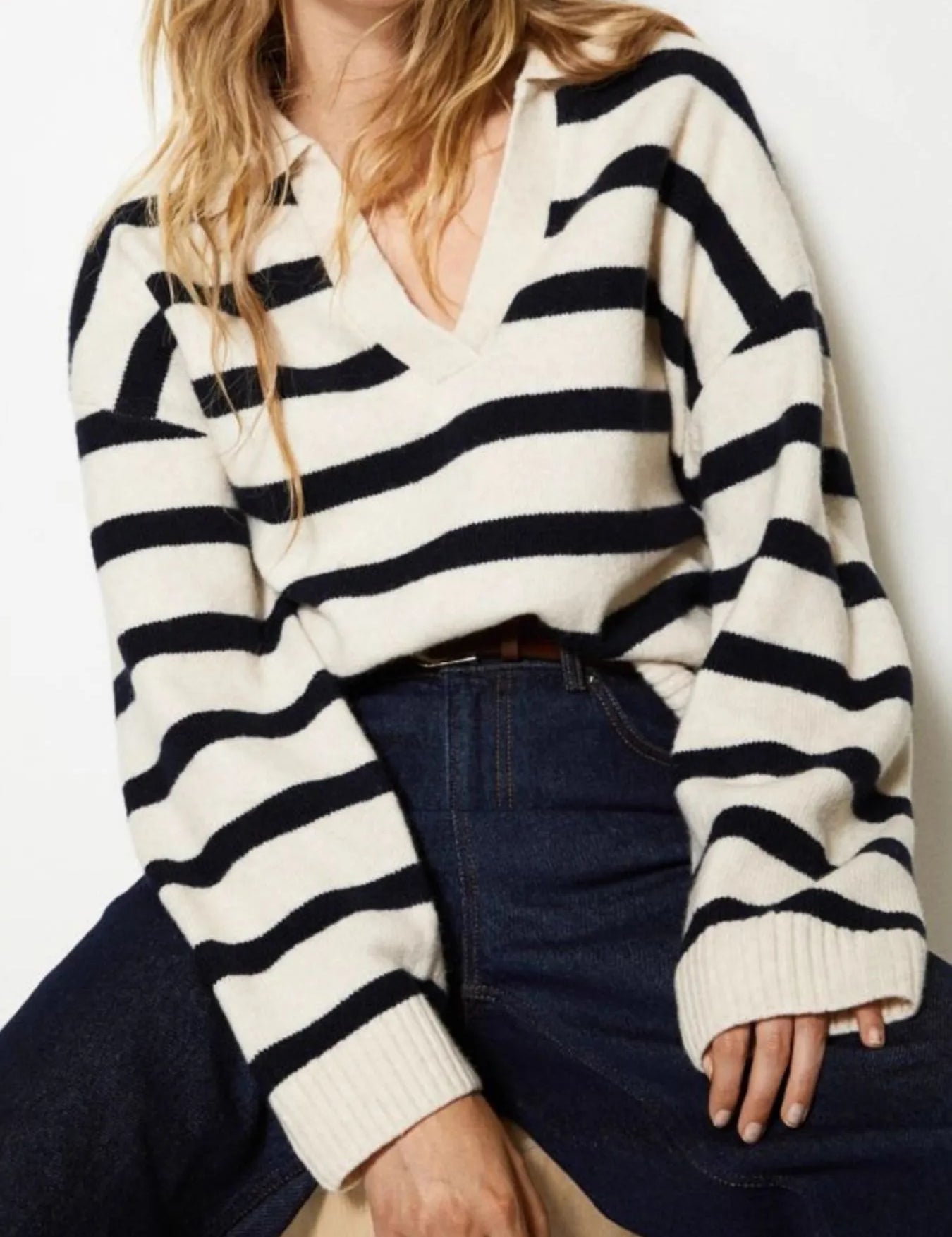 White Striped Johnny Collar Long Sleeve Sweater | Sweaters Daverri Fashions