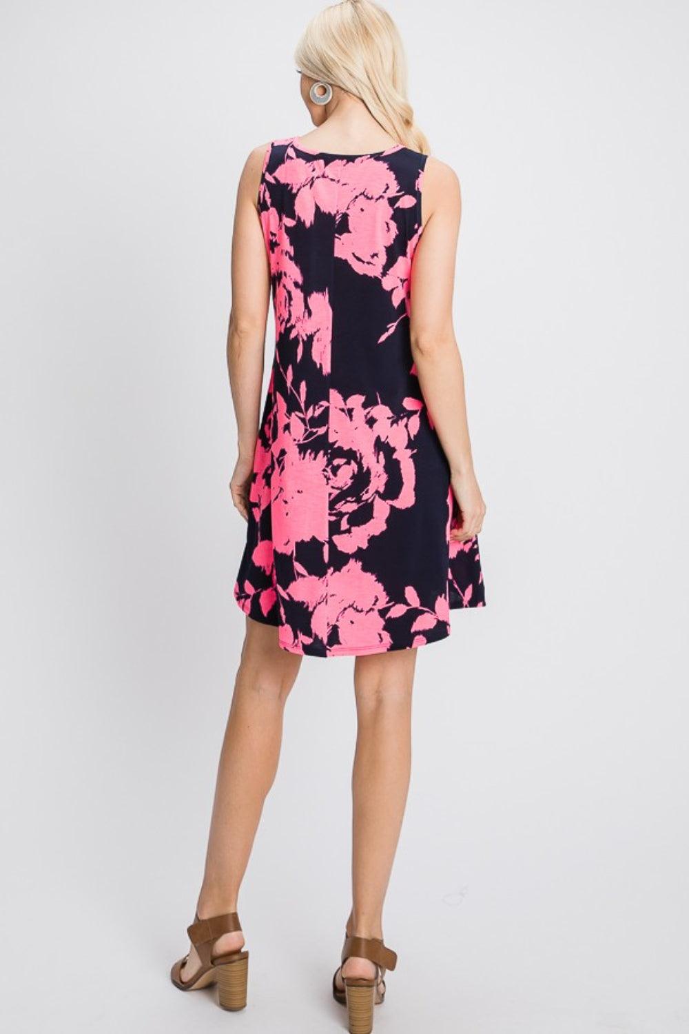 Heimish Full Size Floral V-Neck Tank Dress with Pockets Midi Dresses