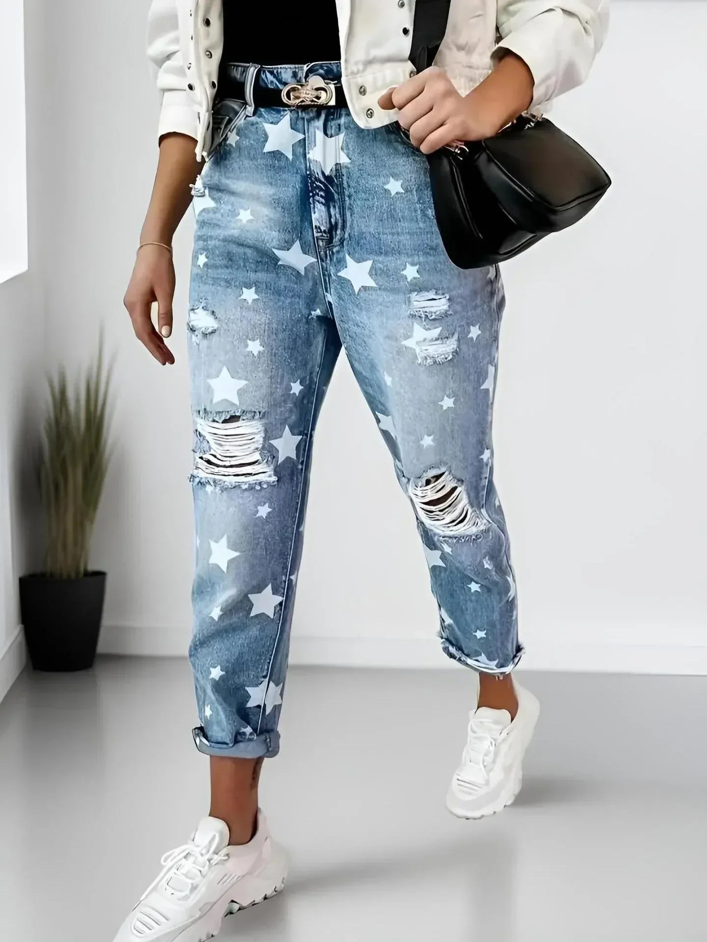 Star Print Distressed High Waist Boyfriend Jeans - DAVERRI FASHIONS