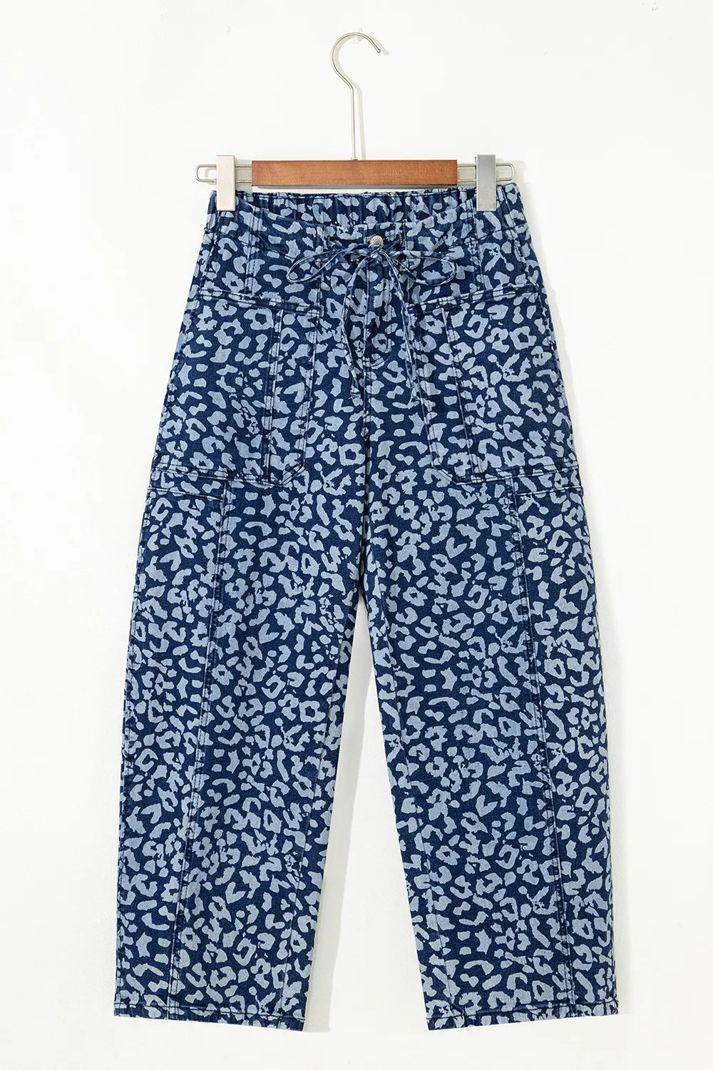 Blue and white leopard print wide leg pajama pants with elastic waistband