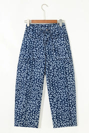 Blue and white leopard print wide leg pajama pants with elastic waistband