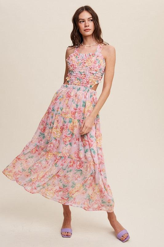 Floral Bubble Textured Two-Piece Style Maxi Dress Maxi Dresses