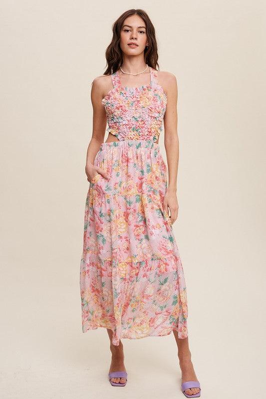 Floral Bubble Textured Two-Piece Style Maxi Dress Maxi Dresses