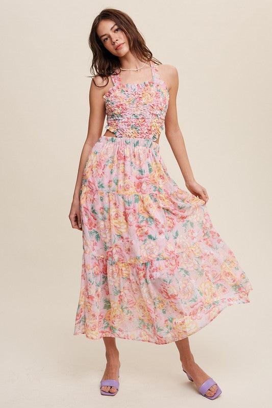 Floral Bubble Textured Two-Piece Style Maxi Dress Pink Maxi Dresses