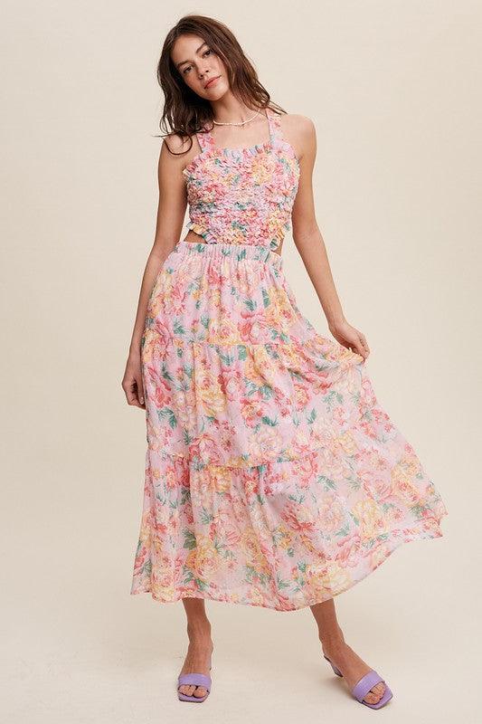 Floral Bubble Textured Two-Piece Style Maxi Dress Pink