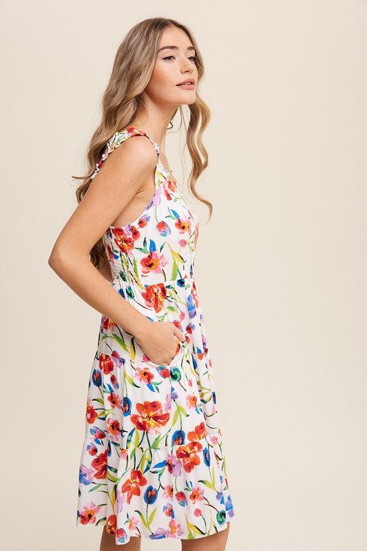 Flower Print Square Neck Dress Midi Dresses