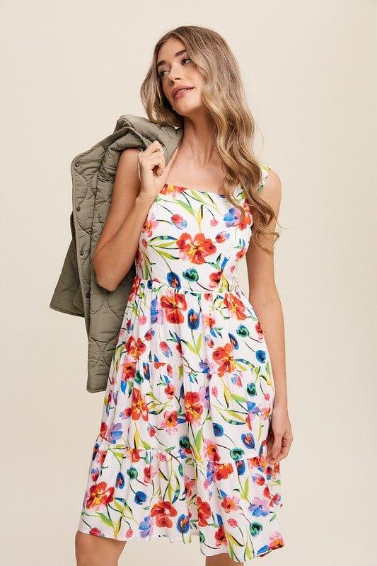 Flower Print Square Neck Dress Midi Dresses