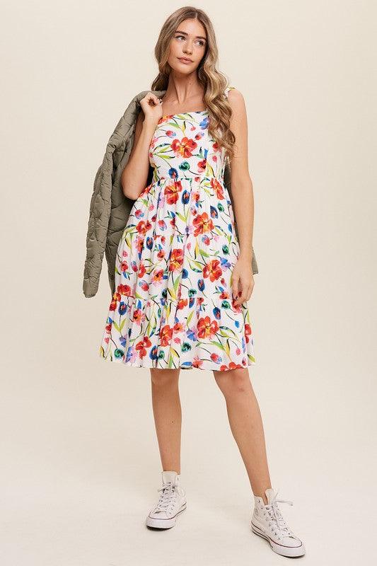 Flower Print Square Neck Dress Midi Dresses