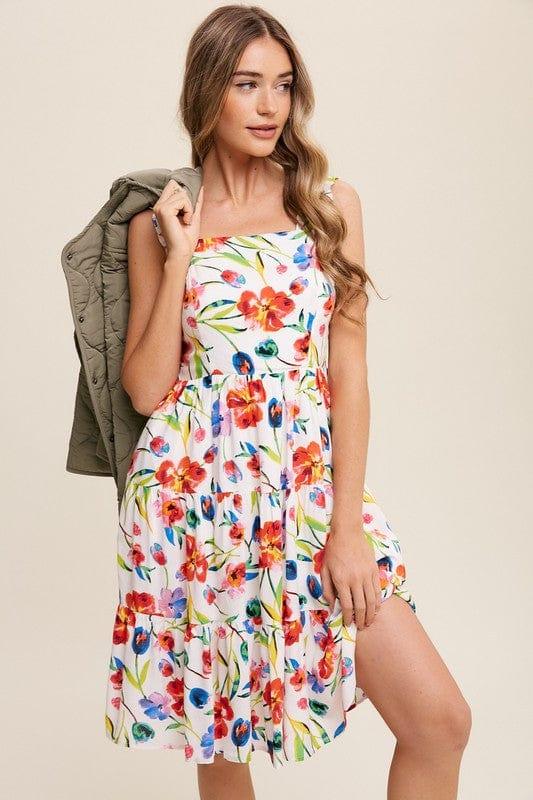 Flower Print Square Neck Dress Midi Dresses