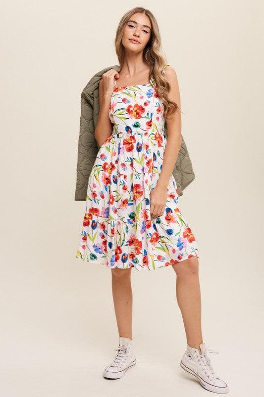 Flower Print Square Neck Dress Midi Dresses