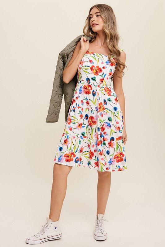 Flower Print Square Neck Dress Midi Dresses