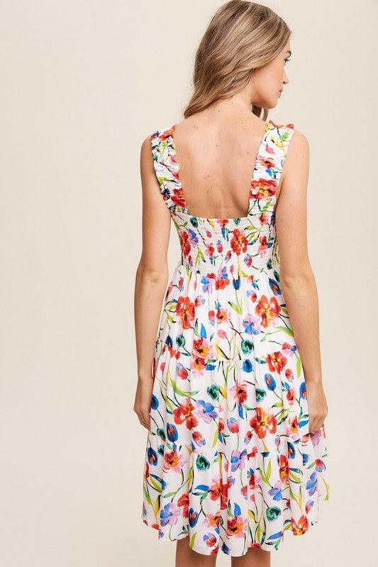 Flower Print Square Neck Dress Midi Dresses