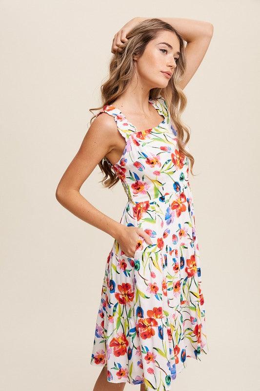 Flower Print Square Neck Dress Midi Dresses