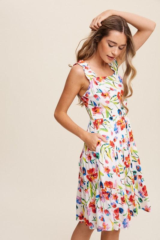 Flower Print Square Neck Dress Midi Dresses