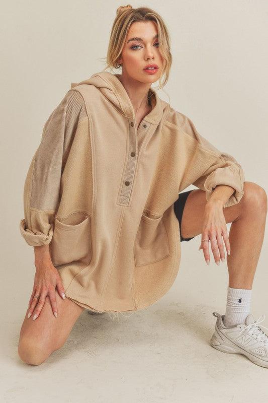 Raw Hem Oversized Hooded Pullover Jackets