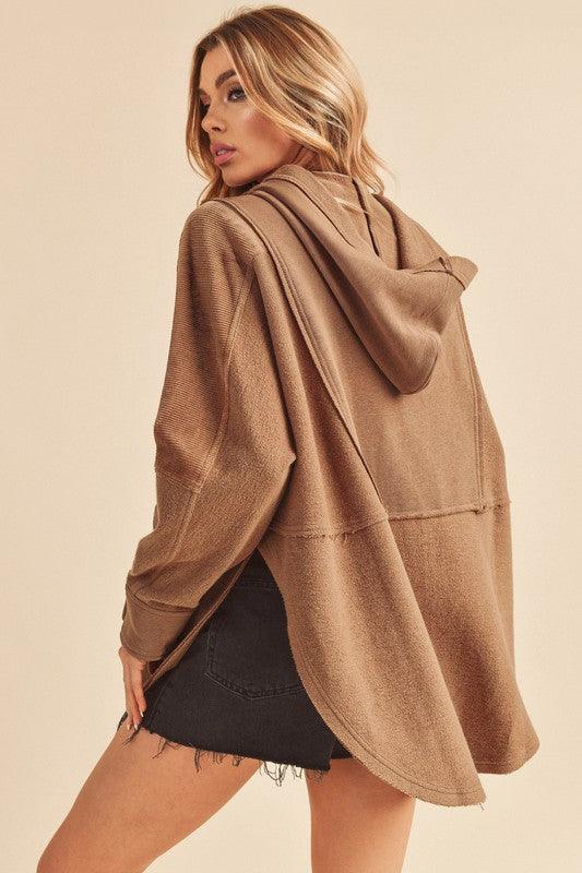 Raw Hem Oversized Hooded Pullover BROWN S Jackets