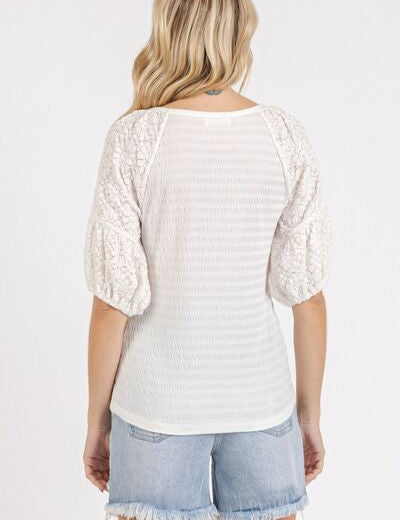 Mittoshop Mixed Media Textured Knit Popcorn Puff Sleeve Blouse