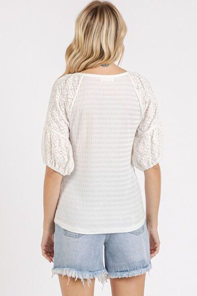 Mittoshop Mixed Media Textured Knit Popcorn Puff Sleeve Blouse