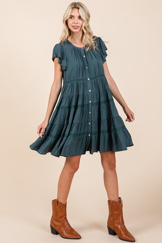 Mittoshop Deep Teal Lace Detail Ruffled Button Down Tiered Dress