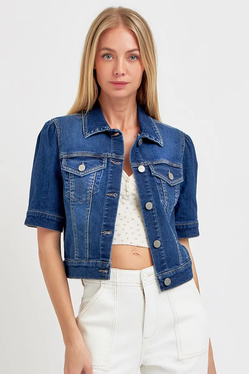 RISEN Puffed Short Sleeve Crop Denim Jackets Denim Jackets