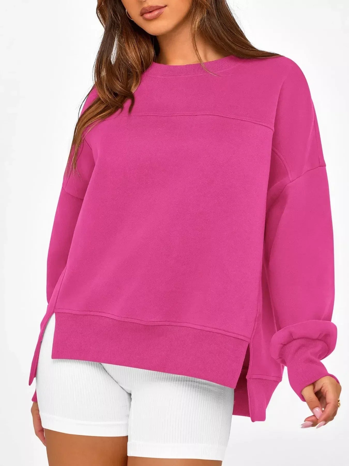 Slit Round Neck Dropped Shoulder Sweatshirt - DAVERRI FASHIONS