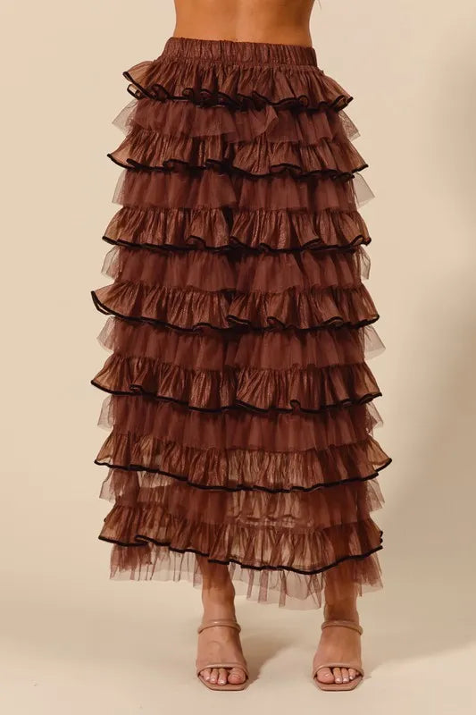 SO ME Layered Ruffled Tulle Maxi Skirt MOCHA Maxi Skirts
