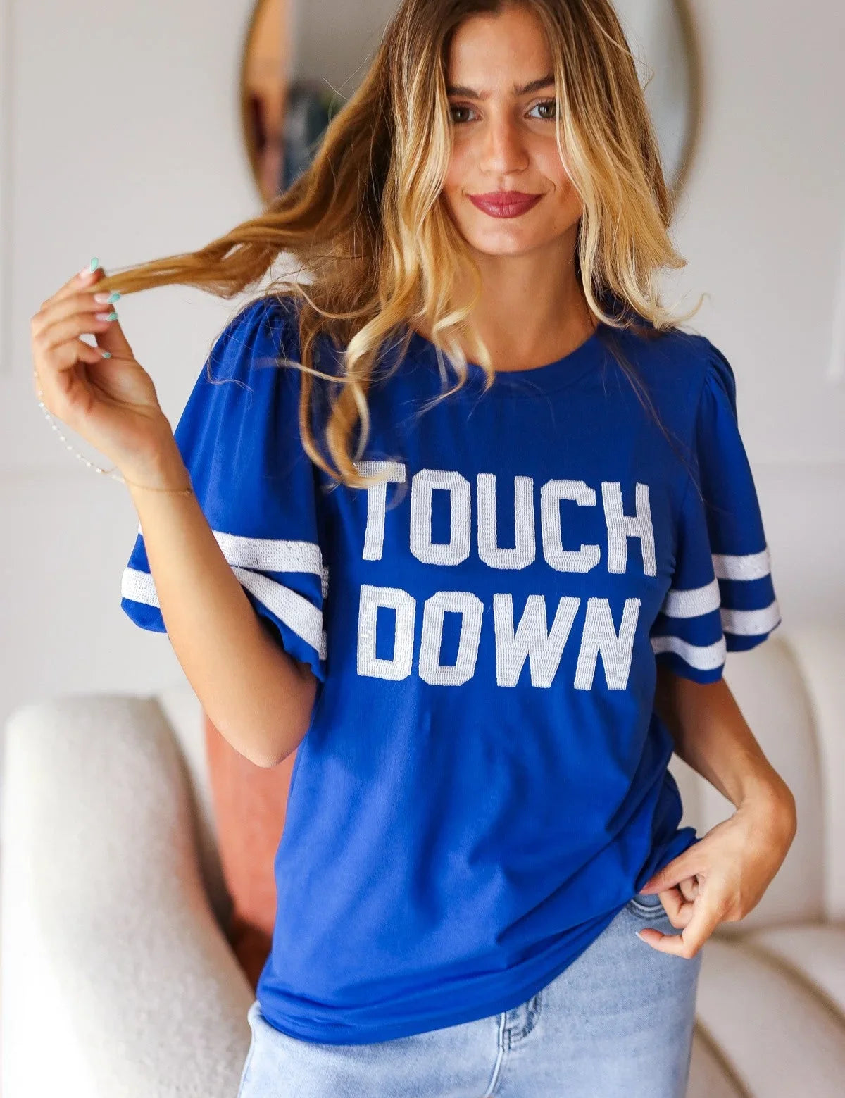 Stand Out Blue "TOUCHDOWN" Sequin Bubble Sleeve Game Day Top | Daverri Fashions