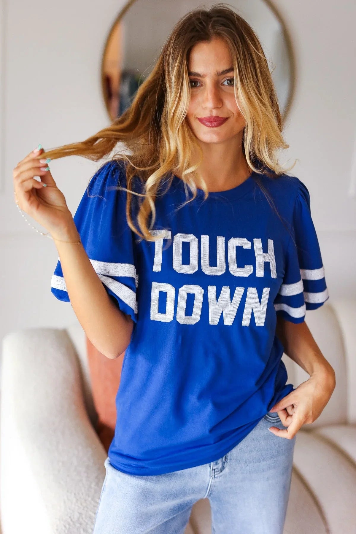 Stand Out Blue "TOUCHDOWN" Sequin Bubble Sleeve Game Day Top | Daverri Fashions