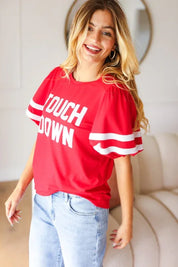 Stand Out Red "TOUCHDOWN" Sequin Bubble Sleeve Game Day Top | Daverri Fashions
