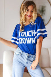 Stand Out Blue "TOUCHDOWN" Sequin Bubble Sleeve Game Day Top | Daverri Fashions